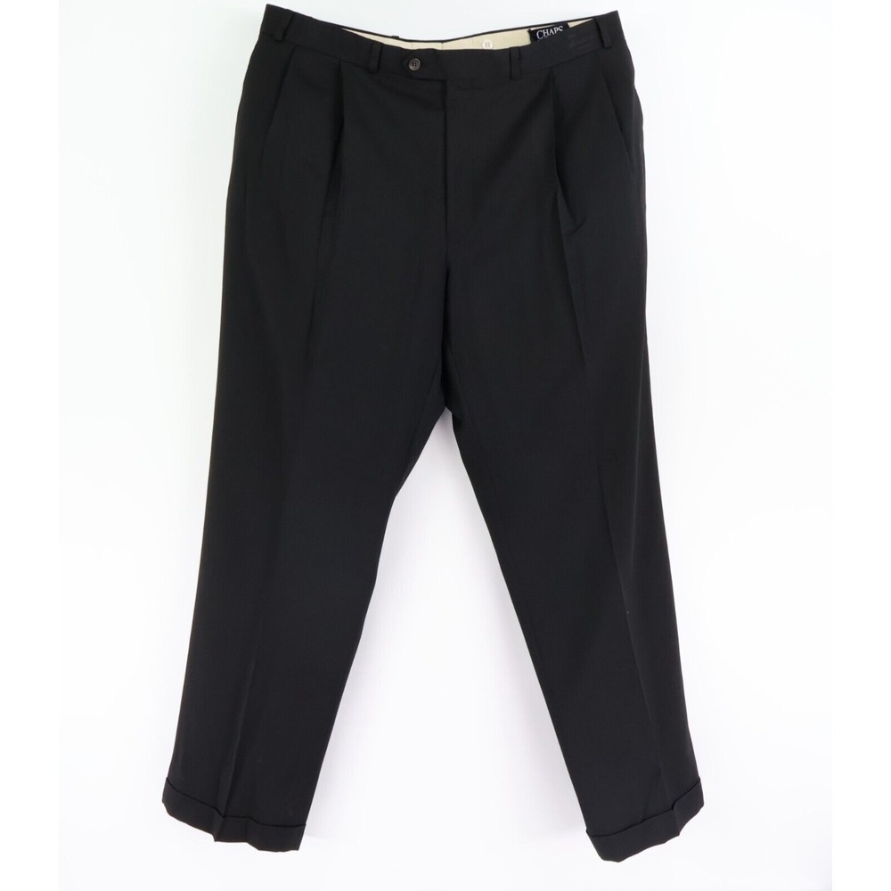 Chaps Ralph Lauren Dress Pants Pleated Front Cuffed Leg Mens 39 Black 100%‎ Wool